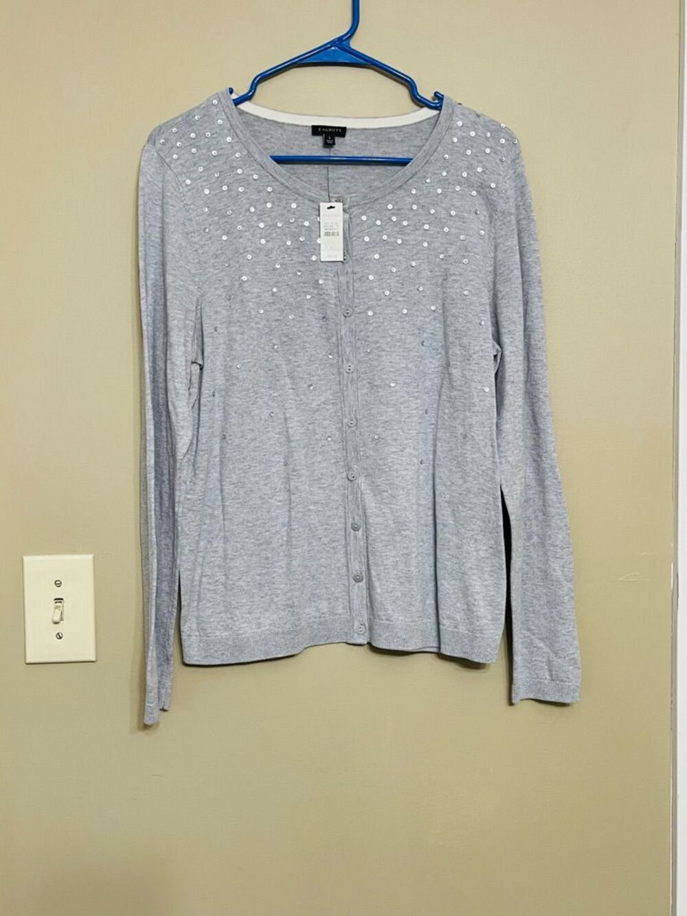 Talbots Women’s Grey Sequin Button Down Cardigan Sweater Size Large